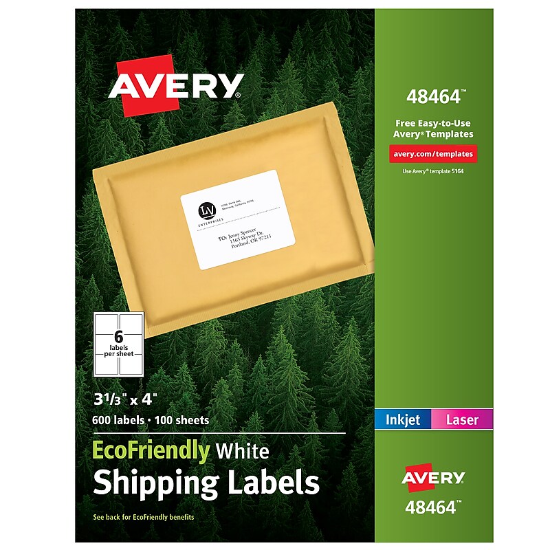 Avery EcoFriendly Laser/Inkjet Shipping Labels, 3-1/3" x 4", White, 600 Labels/Box (48464) image 1