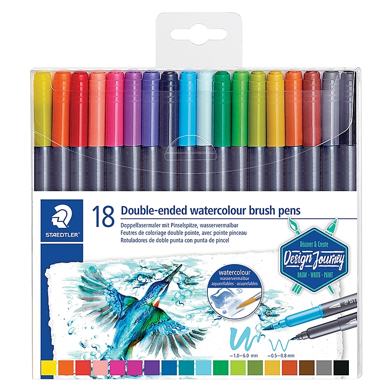 Staedtler Double-ended Watercolor Brush Pens, Brush/Fine Tip, Assorted Ink, 18/Pack (3001 TB18 02) image 1