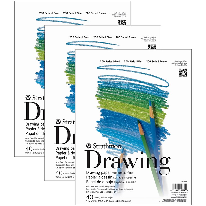 Strathmore 200 Series 9" x 12" Drawing Sketch Pad, 40 Sheets/Pad, 3/Bundle (STTP250091-3) image 1