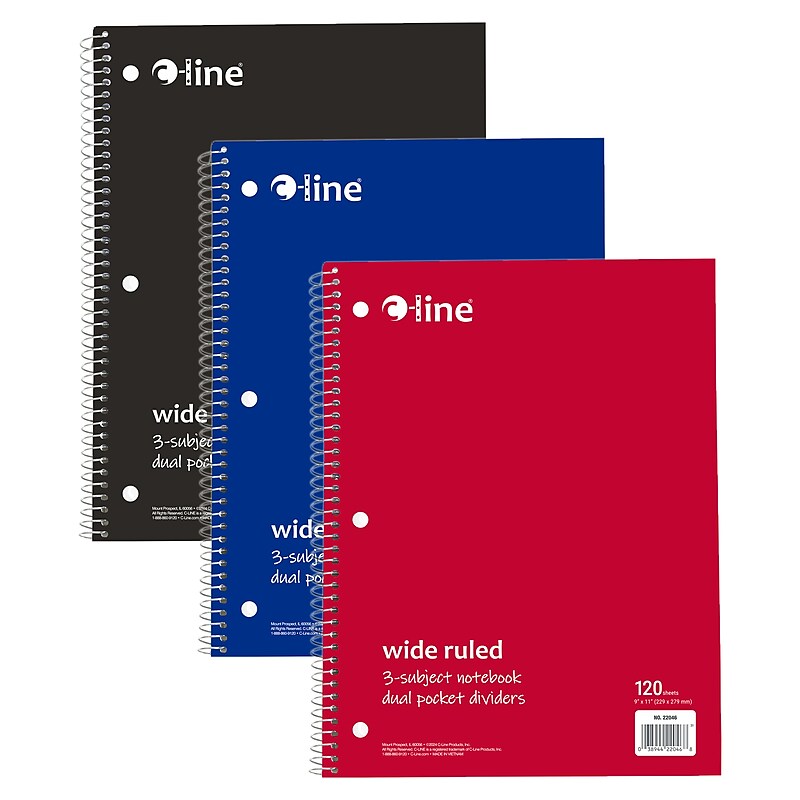 C-Line 3-Subject Notebooks, Wide Ruled, 120 Sheets, Assorted Colors, 3/Bundle (CLI22046-3) image 1