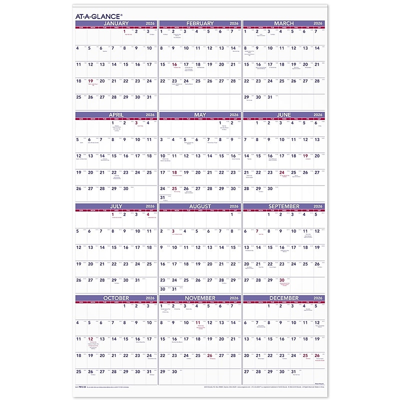 2026 AT-A-GLANCE 24" x 36" Yearly Wall Calendar, White/Purple (PM12-28-26) image 1