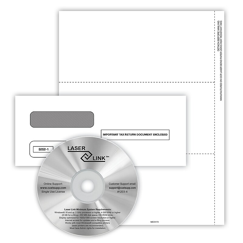 ComplyRight 2024 1099-NEC Tax Form, Envelopes and LaserLink Software, 3-Up, White, 50/Pack (NEC5173ES) image 1