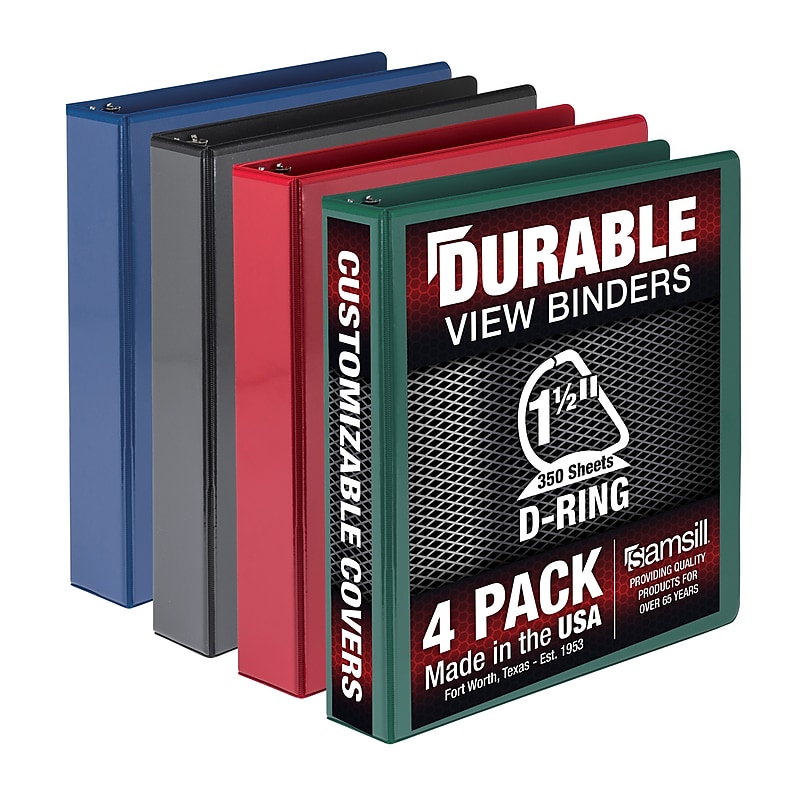 Samsill Durable 1.5" View Binders, D-Ring, Made in USA, Black, Blue, Red, Green, 4/Pack (MP46458) image 1