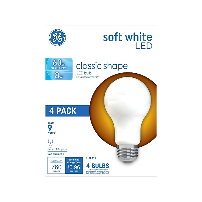 GE 8-Watt Soft White LED Bulb, 4/Pack (99190) | Staples