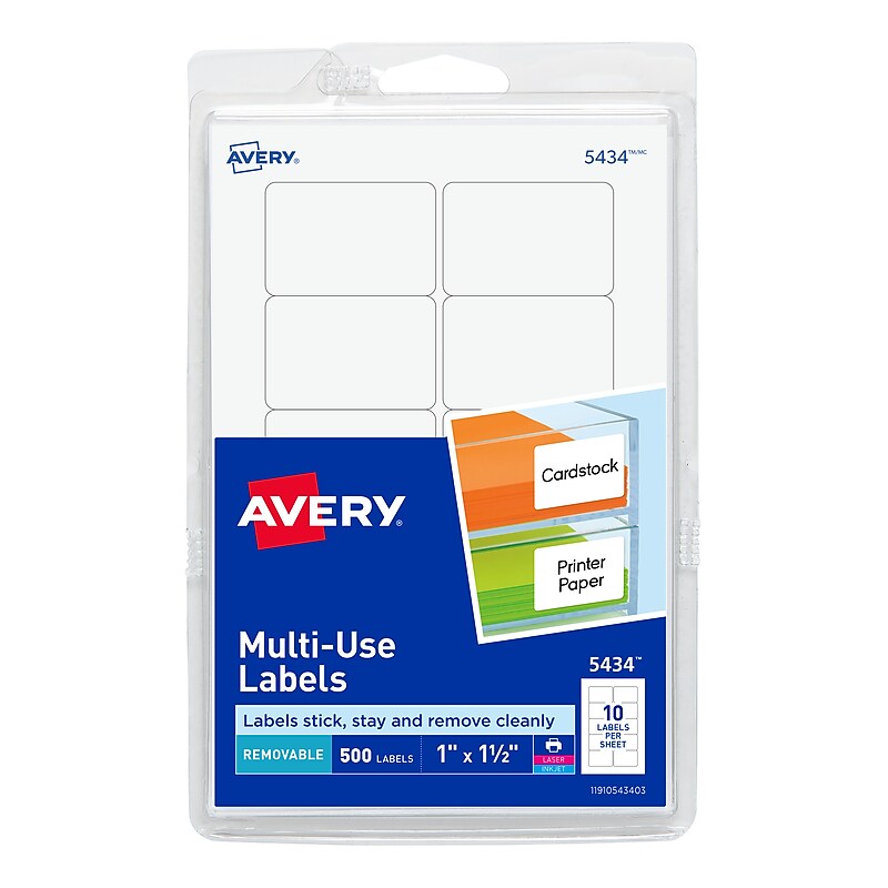 Avery Laser/Inkjet Multipurpose Labels, 1" x 1-1/2", White, 500 Labels/Pack (5434) image 1