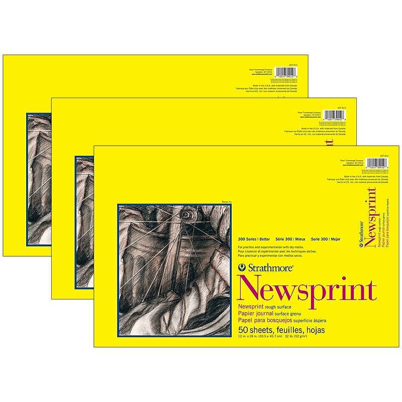 Strathmore 300 Series 12" x 18" Tape Bound Newsprint Sketch Pad, 50 Sheets/Pad, 3/Bundle (STTP3078121-3) image 1