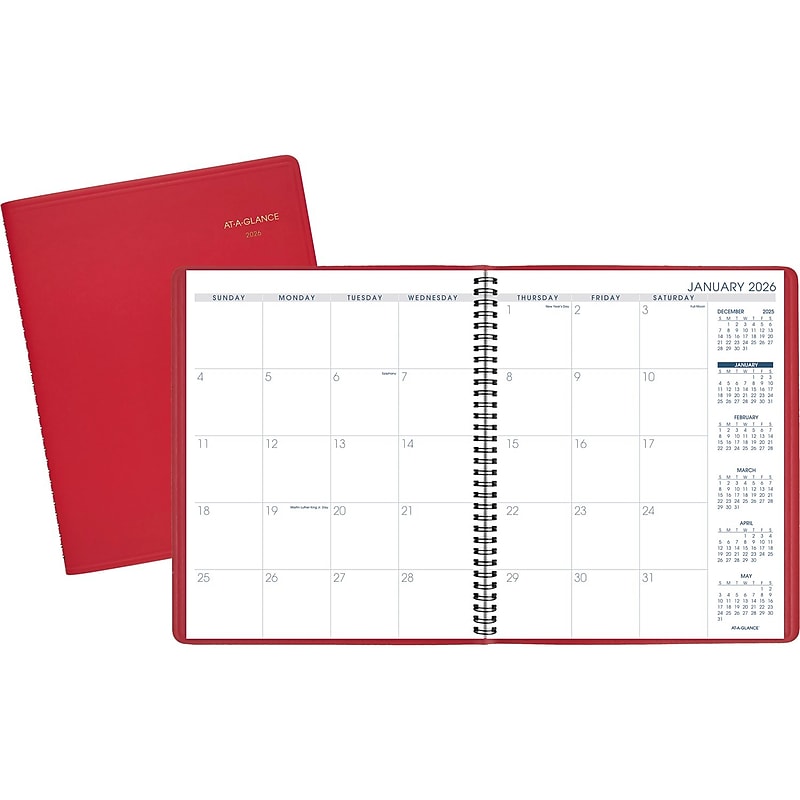 2026-2027 AT-A-GLANCE 9" x 11" Calendar Year Monthly Planner, Faux Leather Cover, Red (70-250-13-26) image 1