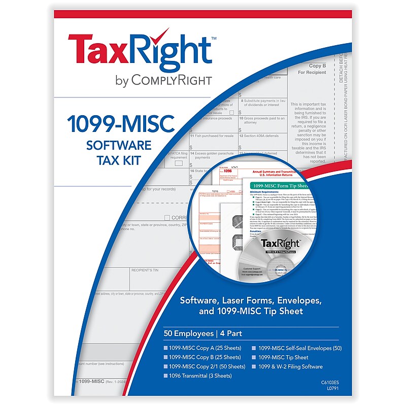 ComplyRight TaxRight 2024 1099-MISC Tax Form Tax Forms, Envelopes, TipSheet & Software, 4-Part, 50/Pack (SC6103ES) image 1