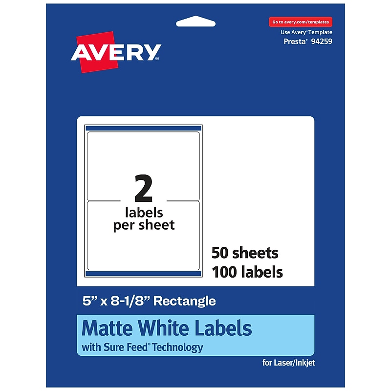 Avery Laser/Inkjet Multipurpose Labels, White, 2 Labels/Sheet, 50 Sheets/Pack (94259-WMP50) image 1