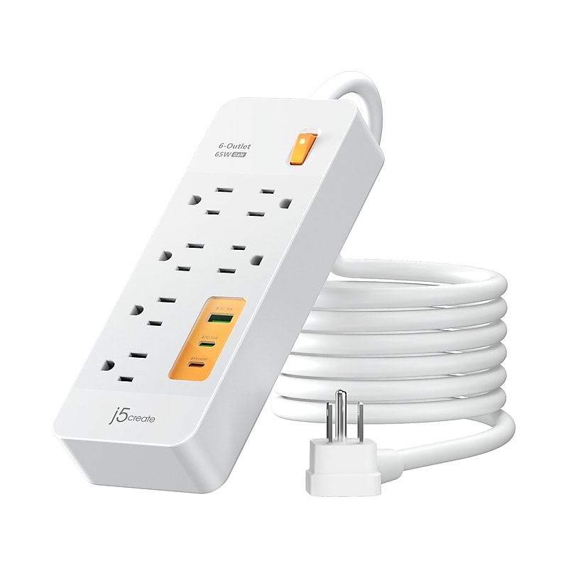 j5create 6-Outlet 3-USB Port Surge Protector, 5.9', White (JUPAC6365) image 1