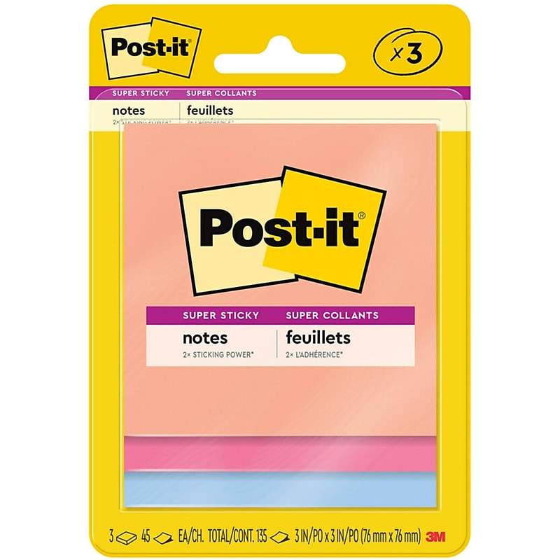 Post-it Super Sticky Notes, 3" x 3", Summer Joy Collection, 45 Sheets/Pad, 3 Pads/Pack (3321-SSJOY) image 1