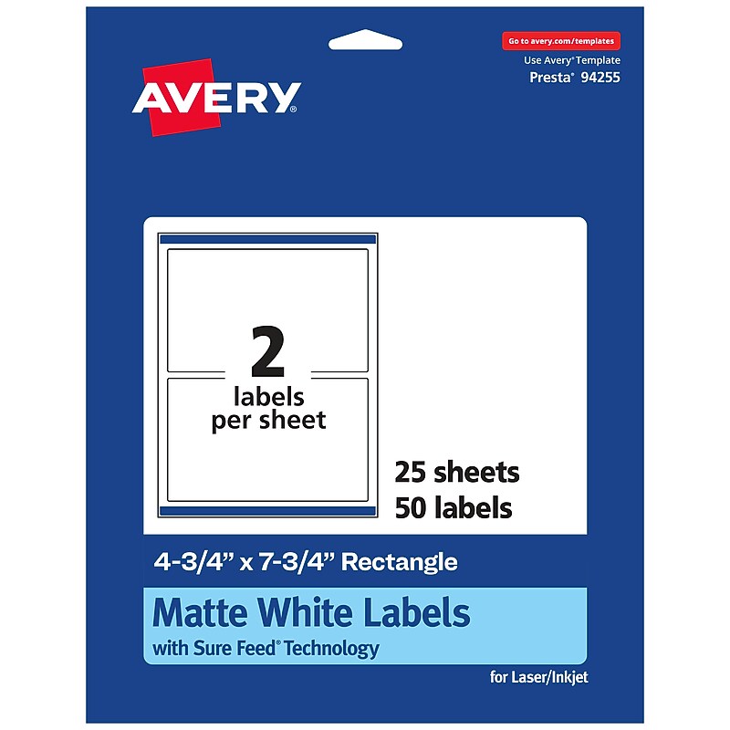 Avery Laser/Inkjet Multipurpose Labels, 7.75"  x 4.75", Matte White, 50/Pack (94255) image 1