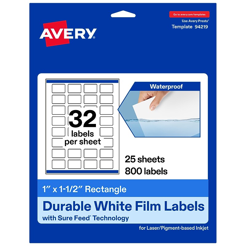 Avery Laser/Inkjet Waterproof Multipurpose Rectangle Labels, 1" x 1.5", White, 800 Labels/Pack (94219) image 1