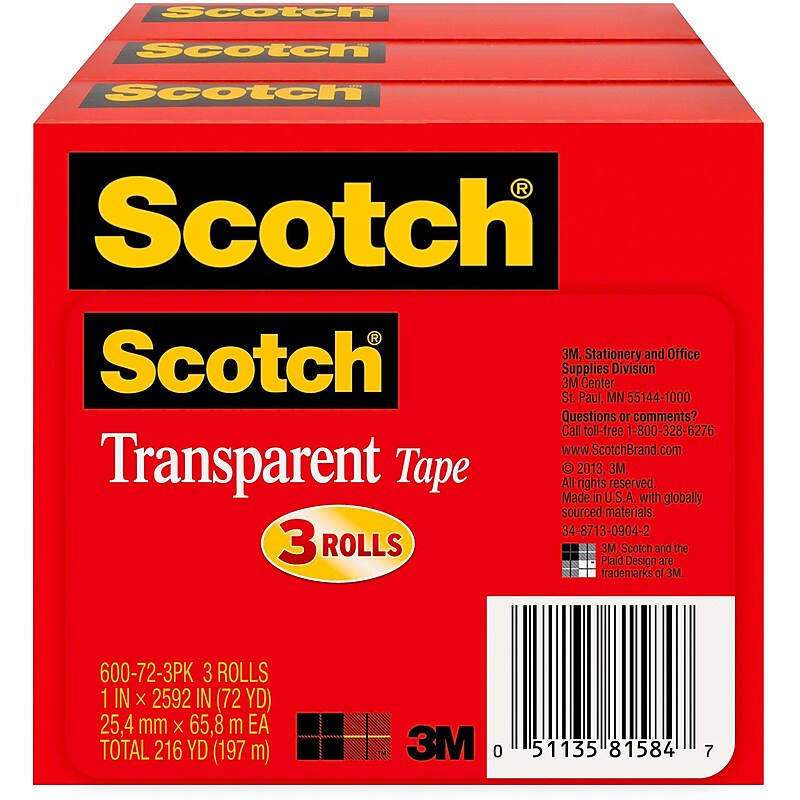 Scotch Transparent Clear Tape Refill, 1" x 72 yds., 3" Core, Clear, 3 Rolls/Pack (600-72-3PK) image 1