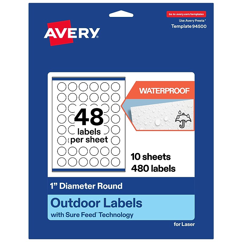 Avery Waterproof Round Laser Multipurpose Labels, 1" Dia., White, 480/Pack (19479399400) image 1