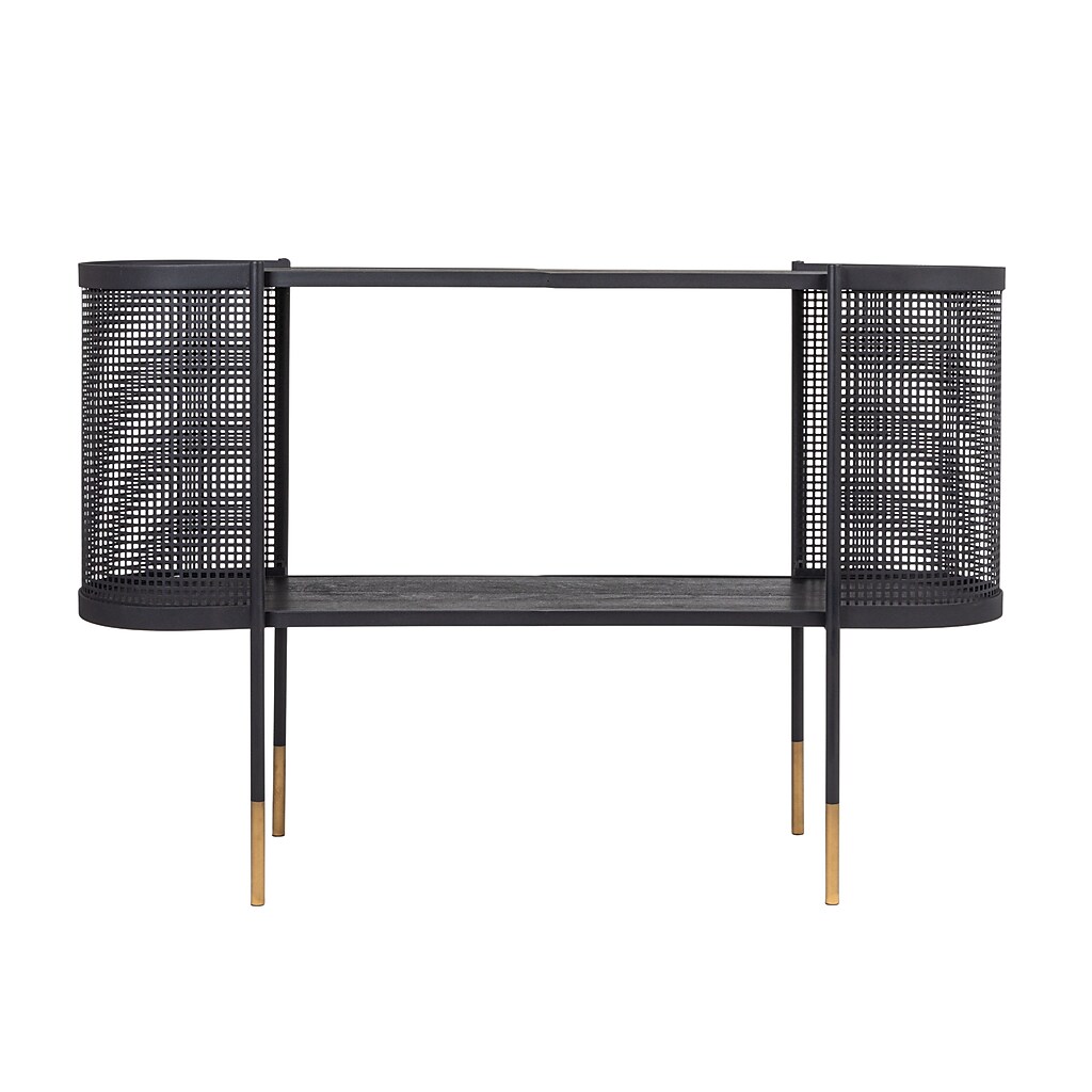 Full view of the console table showing curved perforated side panels and legs