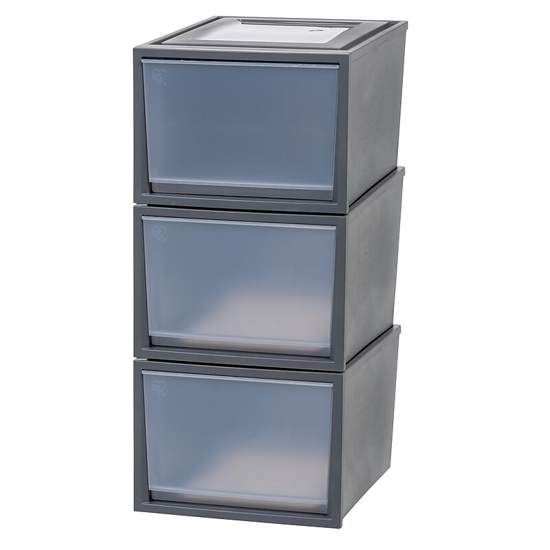 Iris Stackable Plastic Storage Bin With Drawer, Gray, 3/Pack (500112) image 1