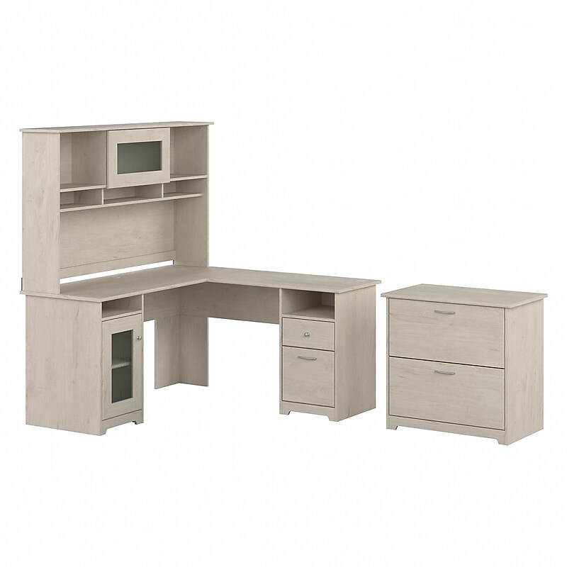 Bush Furniture Cabot 60"W L Shaped Computer Desk with Hutch and Lateral File Cabinet, Linen White Oak (CAB005LW) image 1