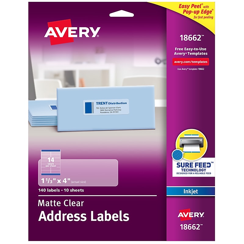 Avery Easy Peel Inkjet Address Labels, 1-1/3" x 4", Clear, 140 Labels/Pack (18662) image 1