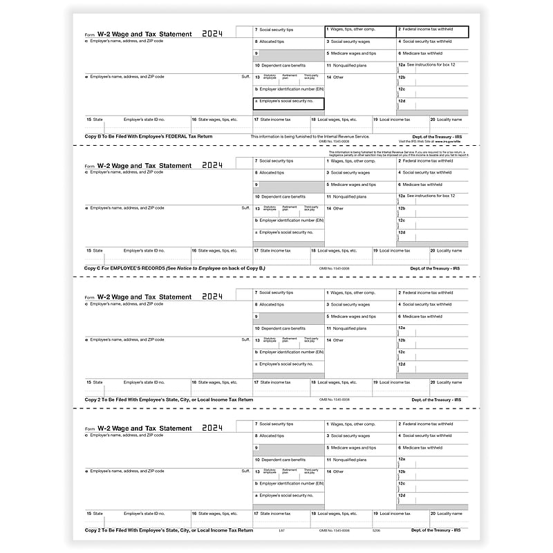 ComplyRight 2024 W-2 Tax Form, 4-Part, 4-Up, Employee Copy, 50/Pack (520650) image 1