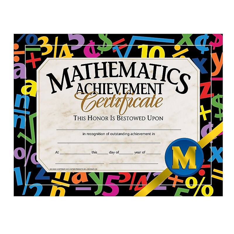 Flipside Mathematics Achievement Certificate, 8.5" x 11", Multicolor, 30/Pack, 5 Packs/Carton (VA581-5) image 1