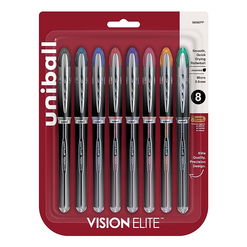uni-ball Vision Elite Rollerball Pen, Micro Point, 0.5mm, Assorted Ink, 8 Pack (58092PP) image 1