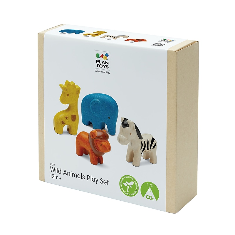 Plan Toys Wooden Wild Animals Playset, Multicolored, 4/Pack (PTS6128) image 1