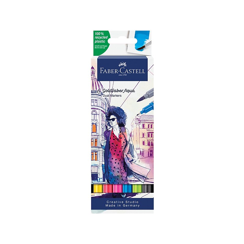Faber-Castell Goldfaber Aqua Water-Based Dual Markers, Brush/Fineliner Point, Assorted Colors, 6/Set (FC164606) image 1