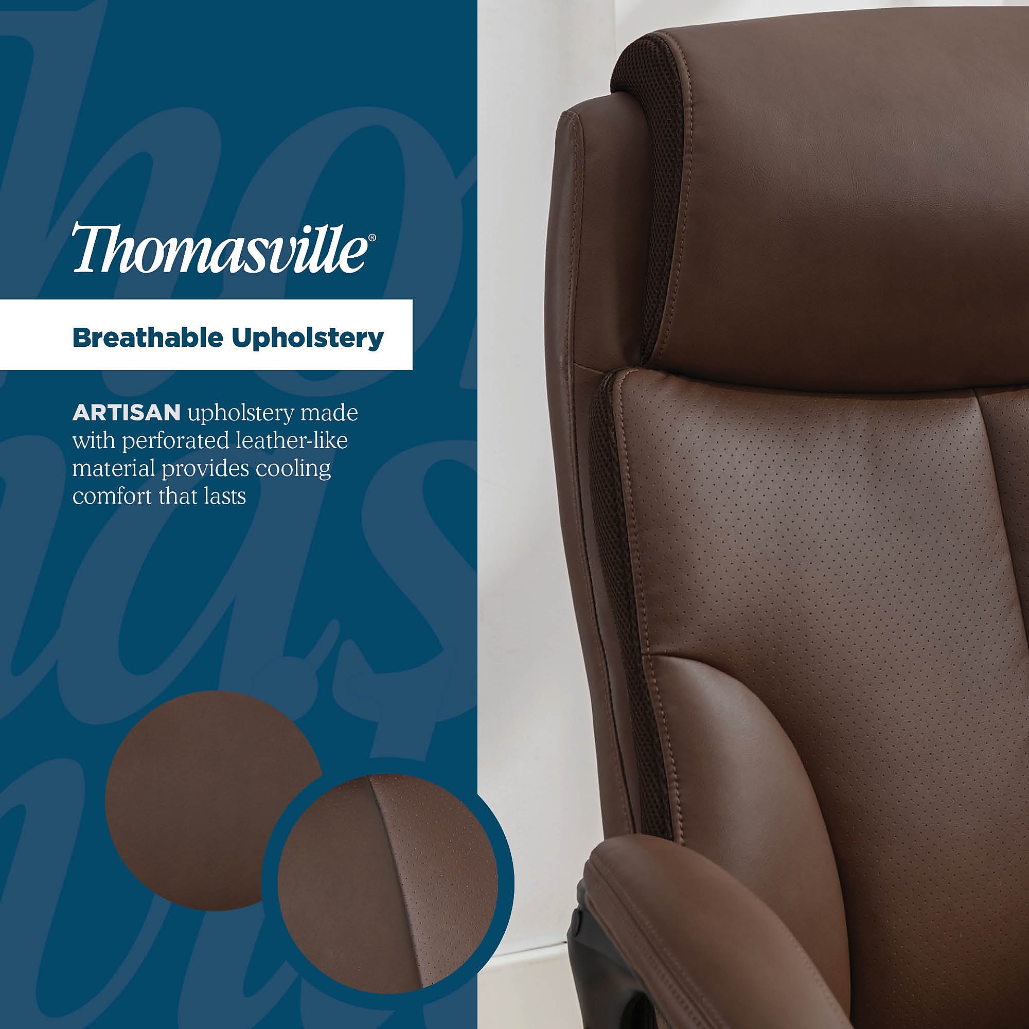 Dark walnut brown ergonomic chair backrest with breathable perforated upholstery