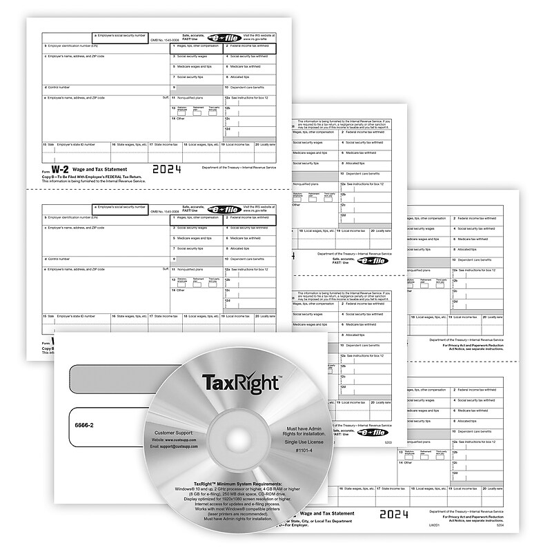 ComplyRight 2024 W-2 Tax Forms, Envelopes and Software, 5-Part, 2-Up, White, 50/Tub (5648ES) image 1