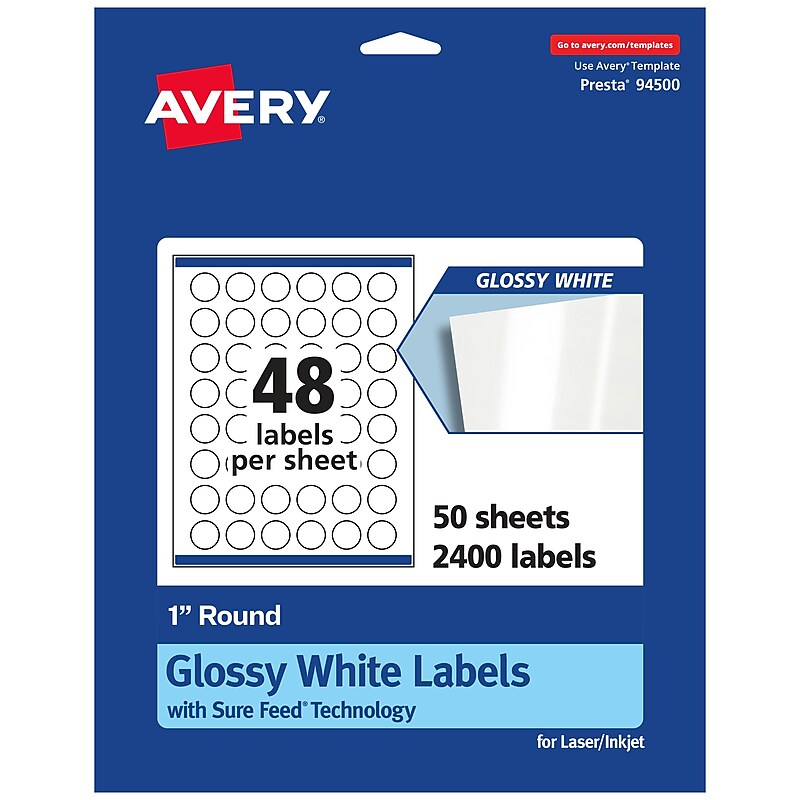 Avery Laser/Inkjet Round Multipurpose Labels, 1" Dia, Glossy White, 2,400 Labels/Box (94500) image 1