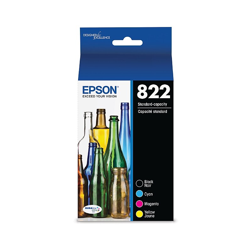 Epson T822 Black/Cyan/Magenta/Yellow Standard Yield Ink Cartridge, 4/Pack (T822120XL-BCS) image 1