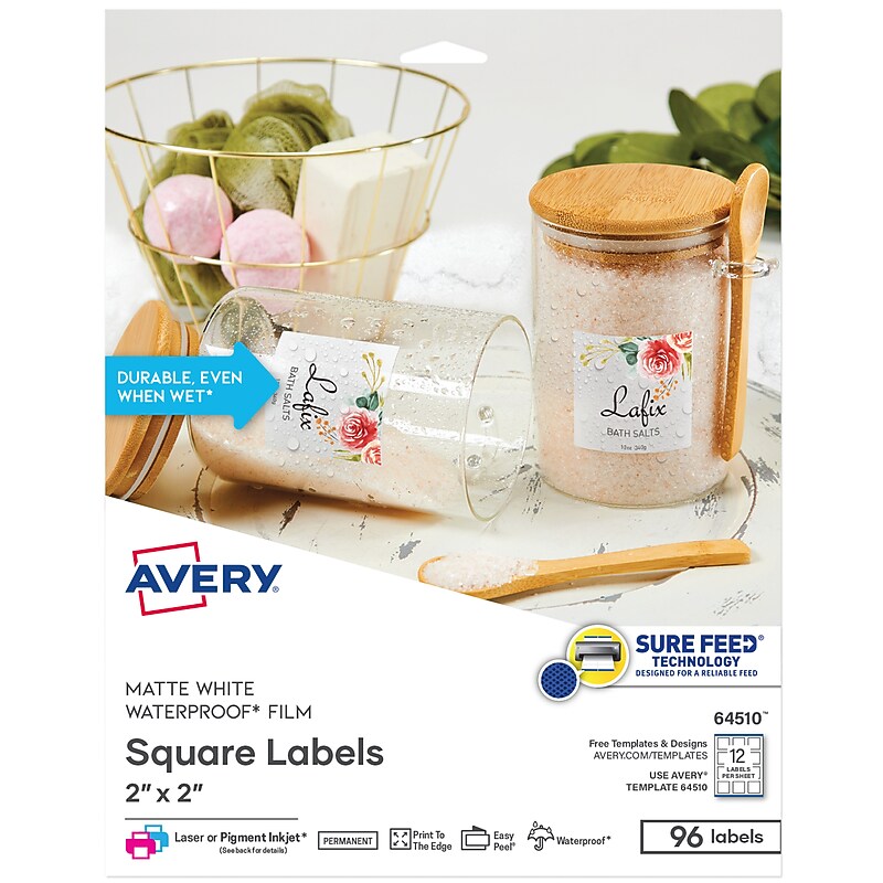 Avery Waterproof Laser/Pigment-Inkjet Square Labels, 2" x 2", Glossy White, 96 Labels/Pack (64510) image 1