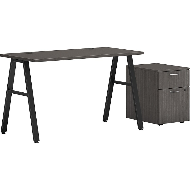 HON Mod 48"W Table Desk with Mobile Storage, Slate Teak (HLPL4824BFLS1ALEGBLK) image 1