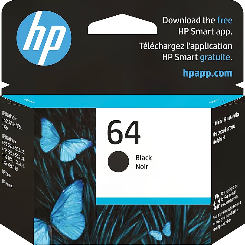 HP 64 Black Standard Yield Ink Cartridge, Prints Up to 200 Pages (N9J90AN#140) image 1