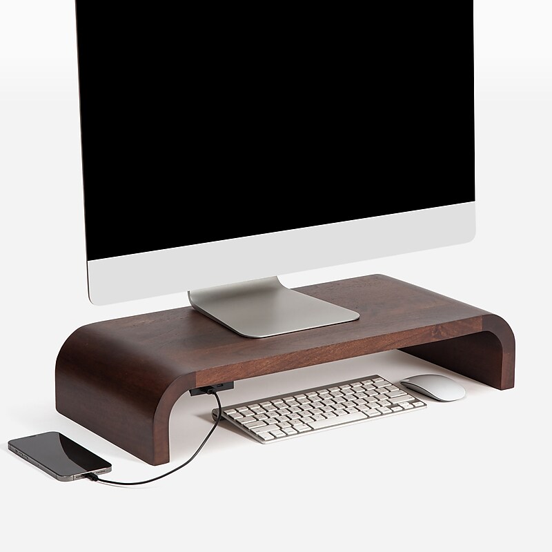 Anji Mountain Mango Wood Monitor Stand with Two USB Ports, Up to 32" Monitor, Walnut (MS-CRV-WAL-P) image 1