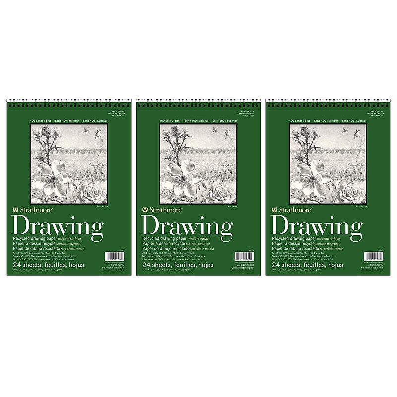 Strathmore 400 Series 9" x 12" Wire Bound Drawing Sketch Pad, 24 Sheets/Pad, 3/Bundle (STTP443903-3) image 1