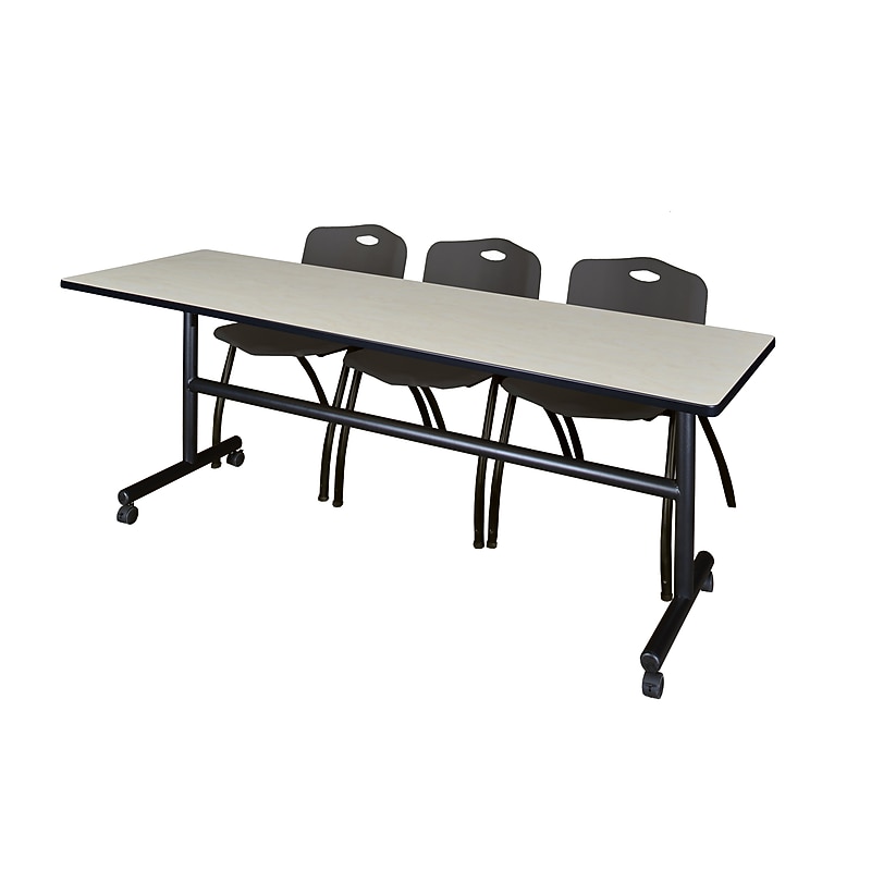 Regency Kobe 84" Flip Top Mobile Training Table- Maple & 3 'M' Stack Chairs- Black image 1