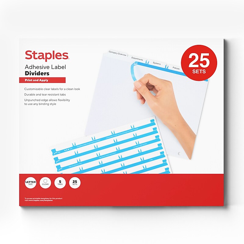 Staples Unpunched Print & Apply Label Dividers, White, 5-Tabs, 25 Sets (ST63051) image 1
