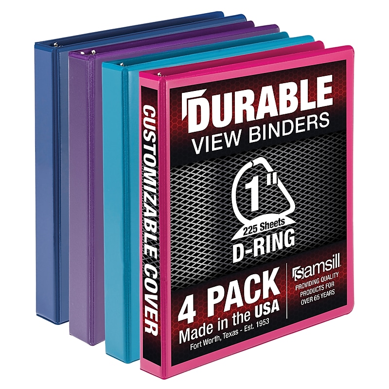 Samsill Durable 1" View Binders, D-Ring, Made in USA,  Assorted Fashion Colors, 4/Pack (MP46439) image 1