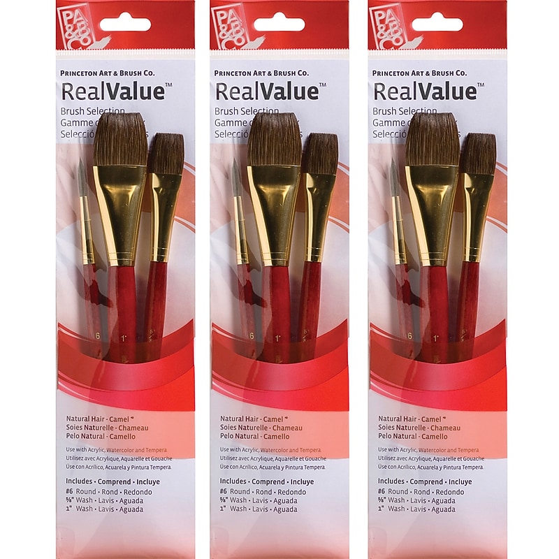 Princeton RealValue Mixed Media Natural Camel Variety Brush Set, Red, 3/Set, 3 Sets/Bundle (PBXPR9122-3) image 1