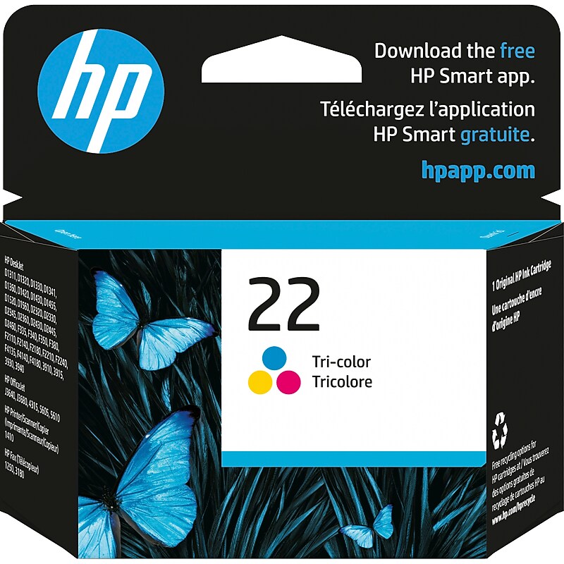 HP 22 Tri-Color Standard Yield Ink Cartridge, Prints Up to 165 Pages (C9352AN#140) image 1