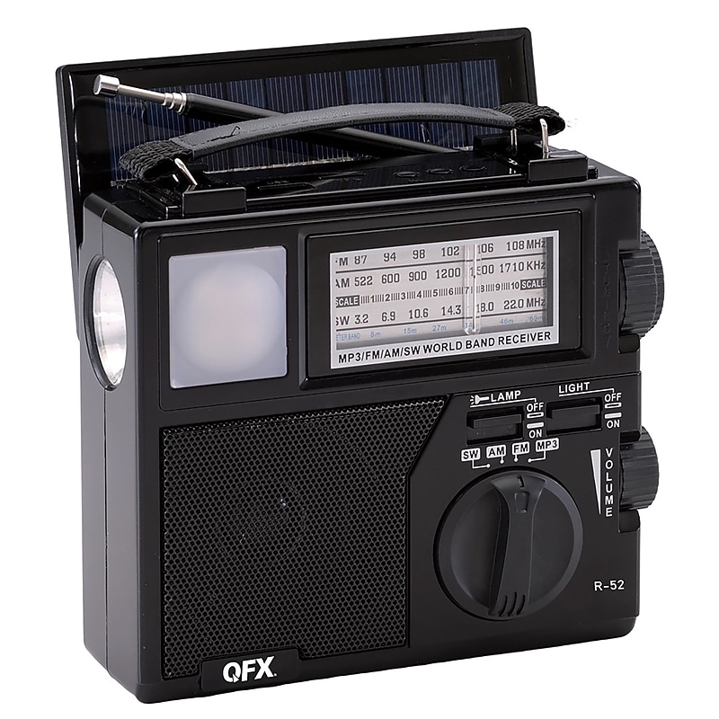 QFX Wireless Bluetooth Portable AM/FM/Shortwave Radio with Flashlight & Solar Panel, Black (R-52) image 1