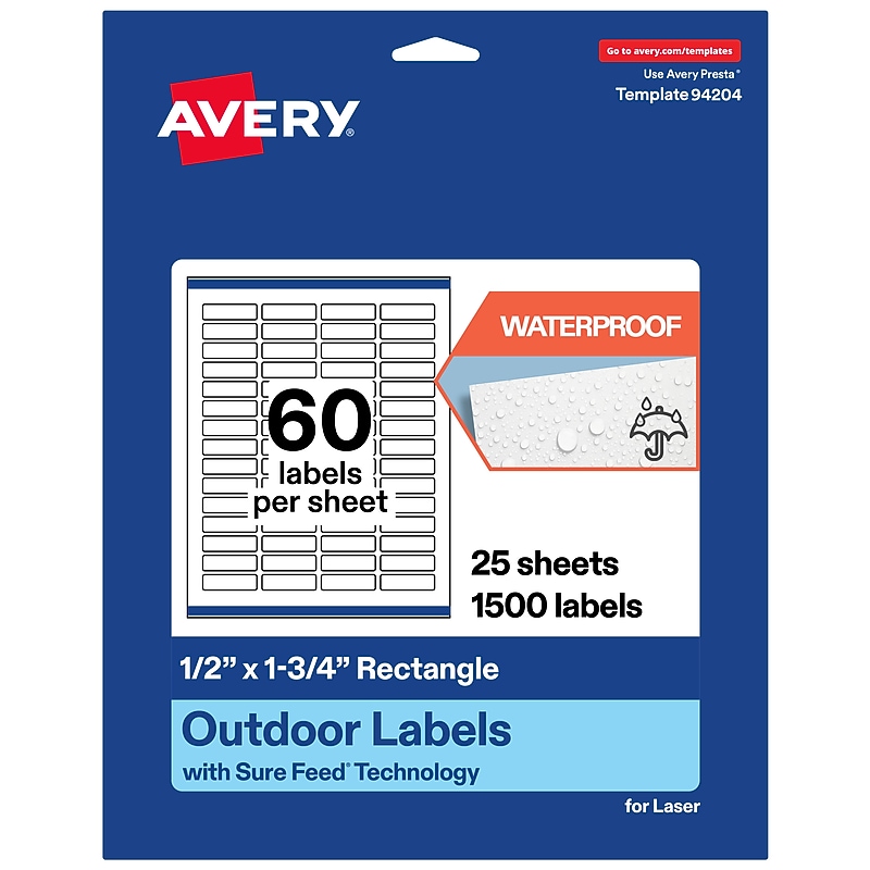 Avery Waterproof Rectangle Laser Multipurpose Labels, 0.5" x 1.75", White, 1500/Pack (19479399209) image 1