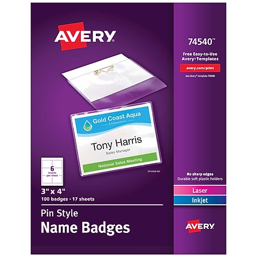 Avery Pin Style Laser/Inkjet Name Badge Kit, 3" x 4", Clear Holders