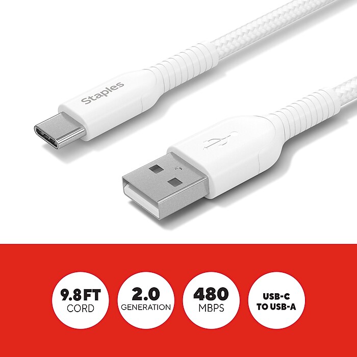 Staples TECH USB-C to USB-A Charging Cable, 9.8 ft., White