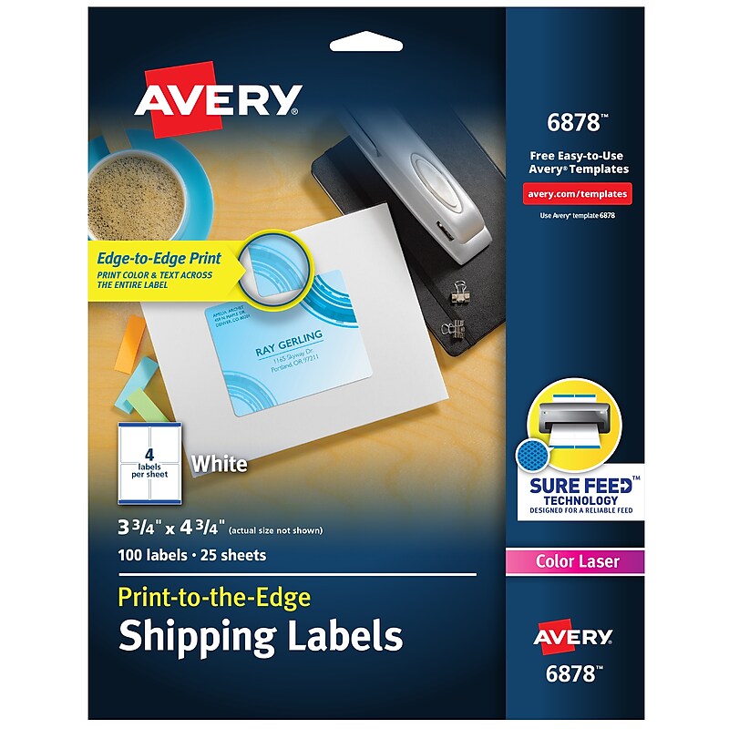 Avery Print-to-the-Edge Color Laser Shipping Labels, 3-3/4" x 4-3/4", White, 100 Labels/Pack (6878) image 1
