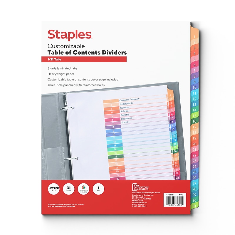 Staples Customizable Table of Contents Numeric Dividers, 31-Tabs, Multicolor (ST62966) image 1