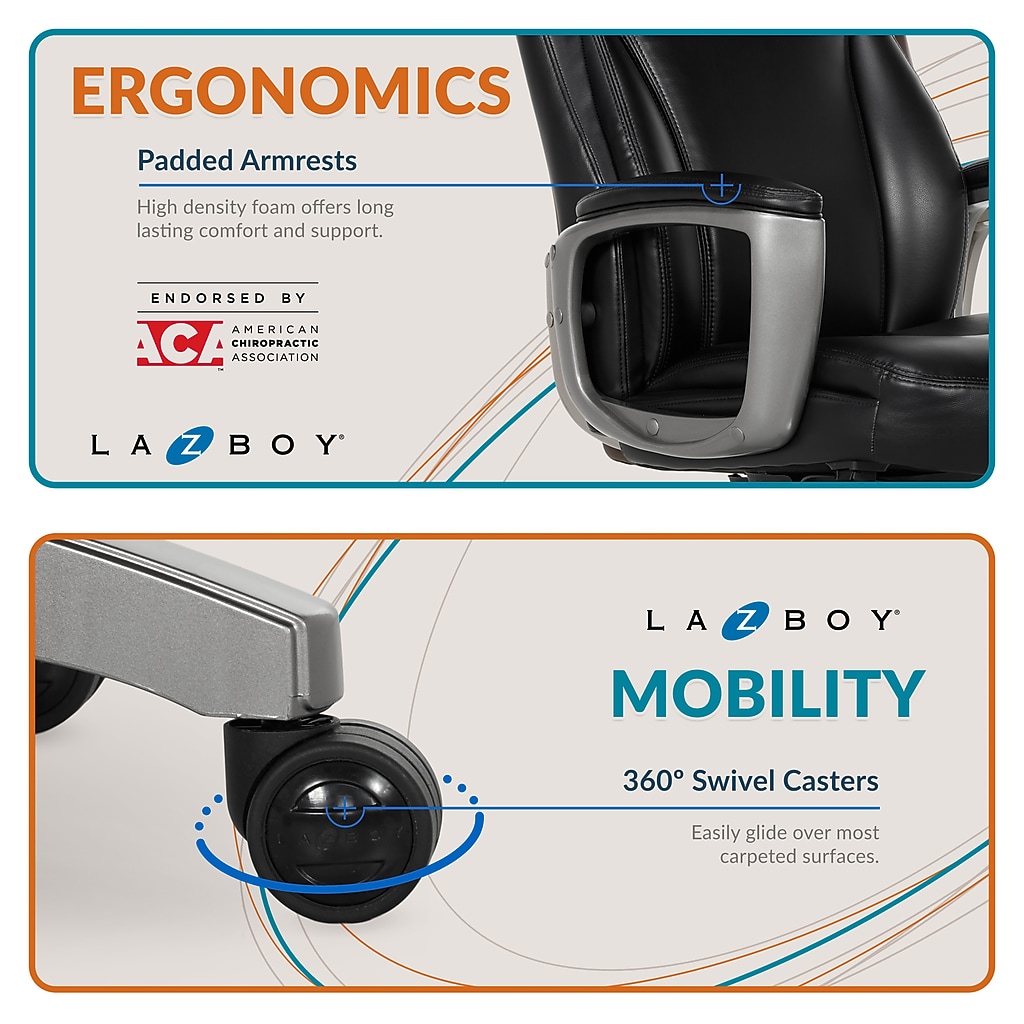 Ergonomics and mobility features of chair with pads and casters