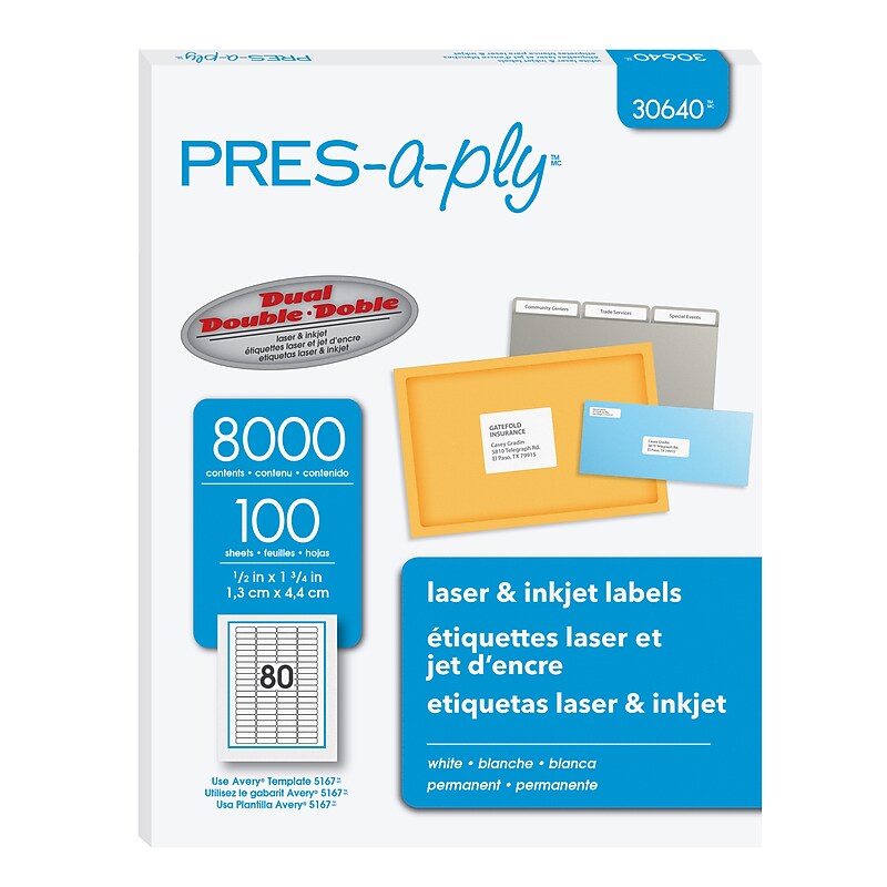 Pres-a-ply Laser/Inkjet Return Address Labels, 1/2" x 1 3/4", Matte White, 80 Labels/Sheet, 100 Sheets/Pack (30640) image 1